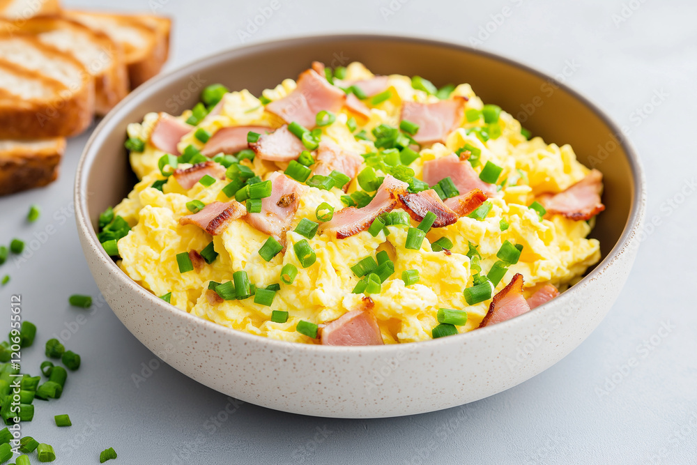 A bowl of scrambled eggs with bacon and onions A bowl of scrambled eggs with bacon and onions