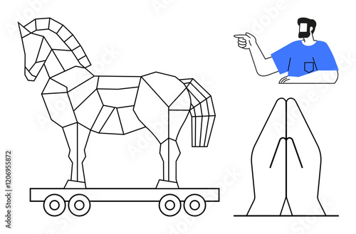 Geometric Trojan Horse on wheels, a figure in blue shirt pointing, and praying hands. Ideal for deception, strategy, spirituality, direction, guidance, geometric design and mindfulness themes