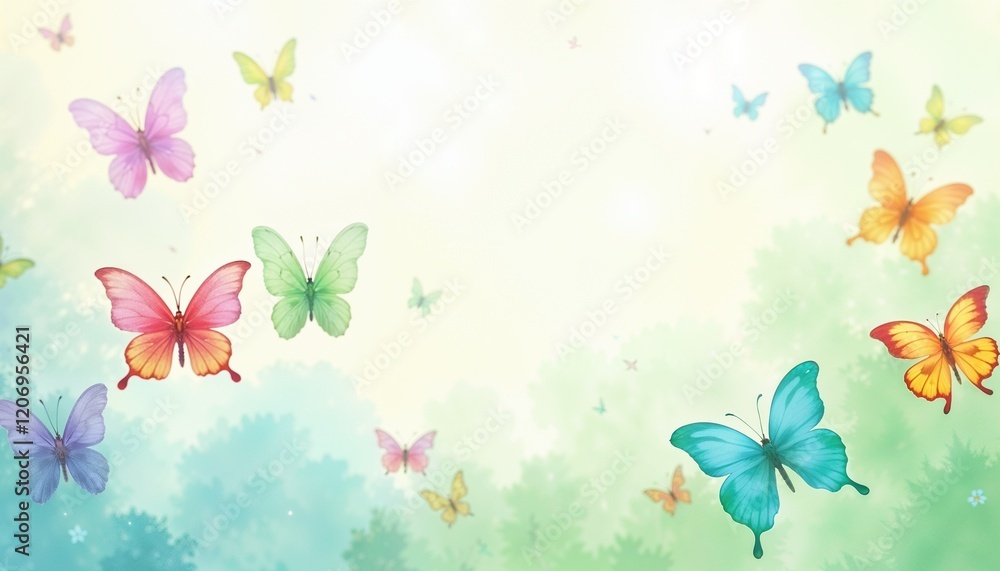Vibrant butterflies in pastel shades of orange, blue, pink, and green fluttering above lush greenery on a bright sunny background. For nature-inspired designs, springtime themes, cheerful illustration Vibrant butterflies in pastel shades of orange, blue, pink, and green fluttering above lush greenery on a bright sunny background. For nature-inspired designs, springtime themes, cheerful illustration