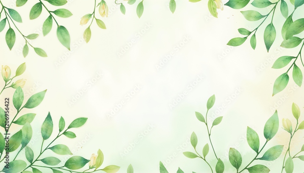 Elegant botanical frame with watercolor green leaves and soft yellow buds on a light background. Perfect for nature-themed designs, eco-friendly branding, or invitation templates. Elegant botanical frame with watercolor green leaves and soft yellow buds on a light background. Perfect for nature-themed designs, eco-friendly branding, or invitation templates.