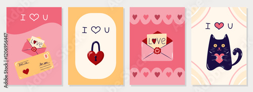 Happy Valentine's Day Cards collection. 4 Simple cute greeting cards with envelopes and cat. Vector illustration.