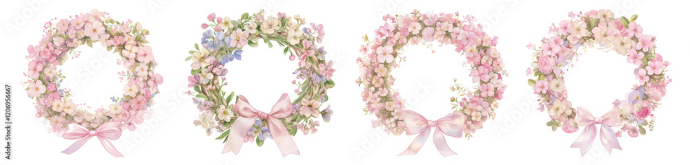 Fototapeta premium PNG Elegant floral wreaths with ribbons on transparent background