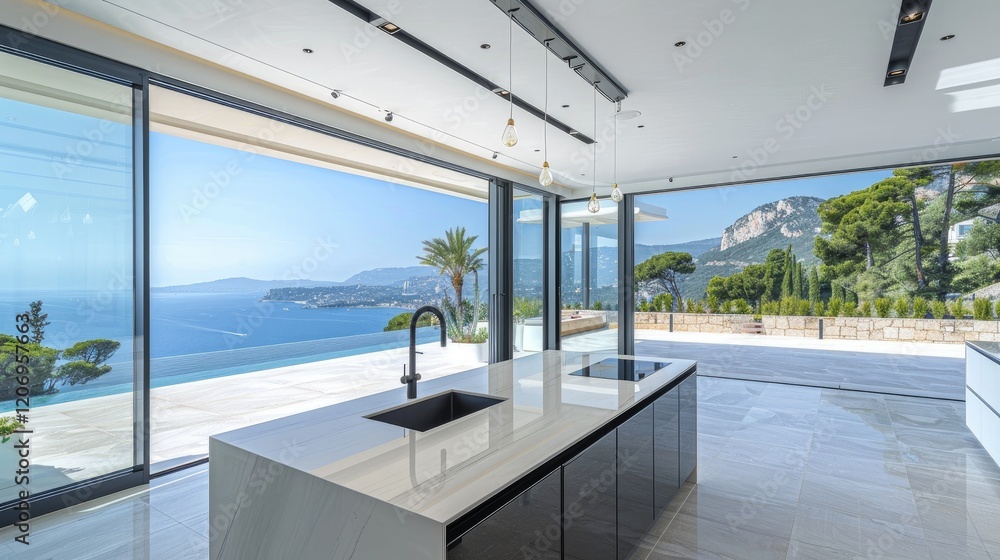 Fototapeta premium A modern kitchen with an island featuring white marble