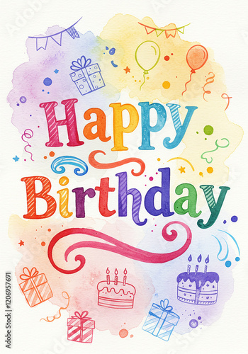 Vibrant Watercolor Happy Birthday Card Design with Gifts and Cakes
