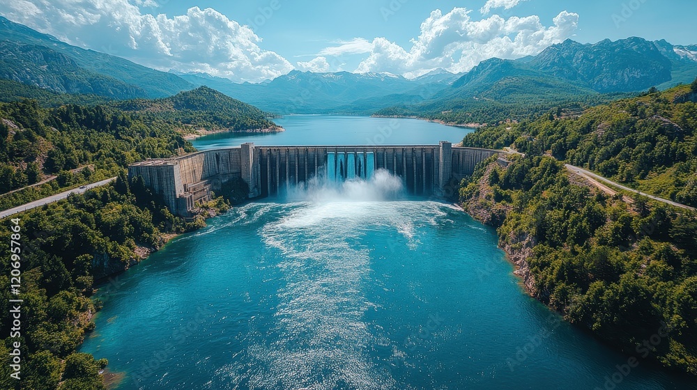 High aerial view of a large dam and reservoir with scenic water reflections, dramatic landscape High aerial view of a large dam and reservoir with scenic water reflections, dramatic landscape