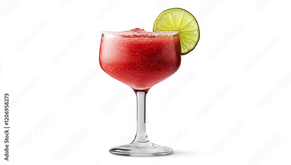 Frozen strawberry margarita in coupe glass with lime. Frozen strawberry margarita in coupe glass with lime.