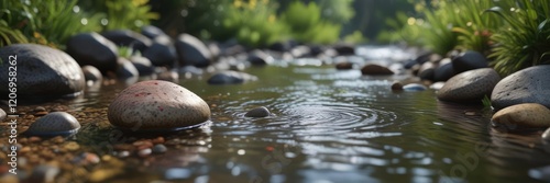 A delicate balance of weight and buoyancy as a small pebble is suspended on the edge of a small stream, water, dynamic, transition photo