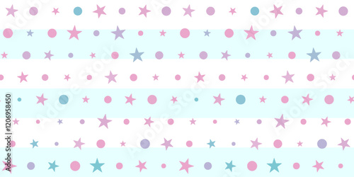 A charming seamless pattern featuring scattered stars and round dots on an uneven striped background, designed as an endless print perfect for girls.