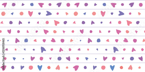 A romantic seamless pattern showcasing repeated hearts and round dots on a striped background, featuring a cute, hand-drawn design in shades of pink, blue, gray, and white�perfect for girlish themes.