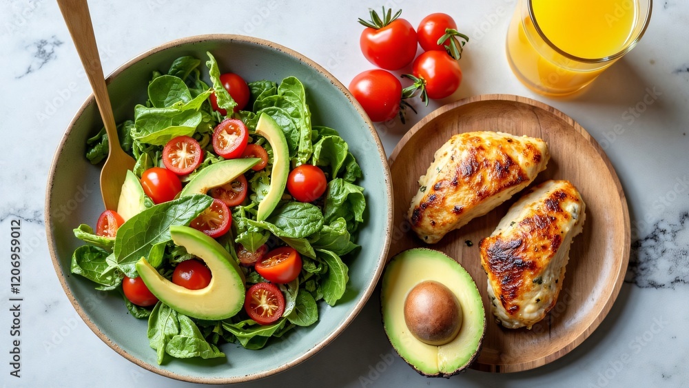 Healthy Salad with Grilled Chicken, Avocado, and Fresh Vegetables Healthy Salad with Grilled Chicken, Avocado, and Fresh Vegetables