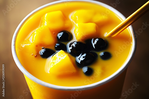 Macro view of a straw resting in a cup filled with mango and tapioca pearls photo