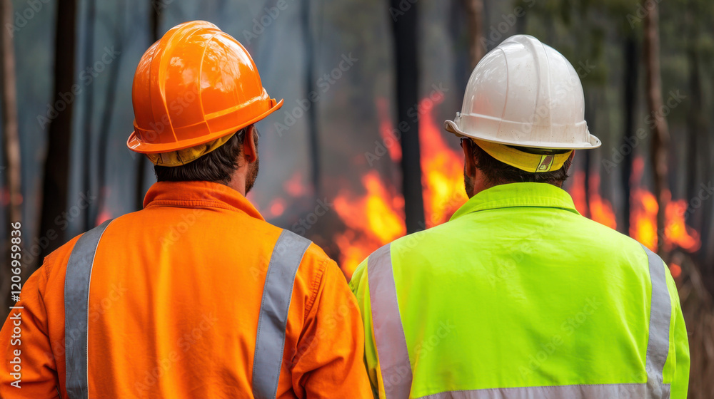 Two firefighters in safety gear observe a forest fire, showcasing the urgency and danger of wildfire situations.