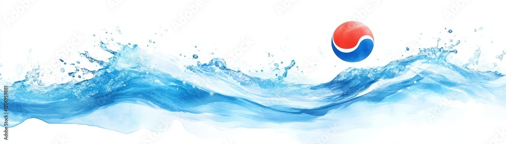 Dynamic blue wave crashing with a red sphere, power and energy of the ocean red Dynamic blue wave crashing with a red sphere, power and energy of the ocean red