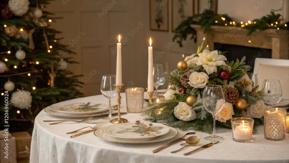 A elegant Christmas dining table setting with candles, flowers, and a centerpiece, holly, dinner, glassware A elegant Christmas dining table setting with candles, flowers, and a centerpiece, holly, dinner, glassware