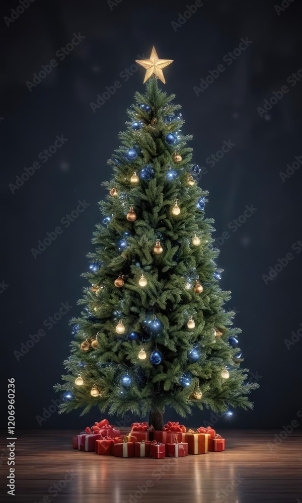 Obraz premium A festive Christmas tree against a dark blue background with twinkling lights, ornaments, twinkling stars