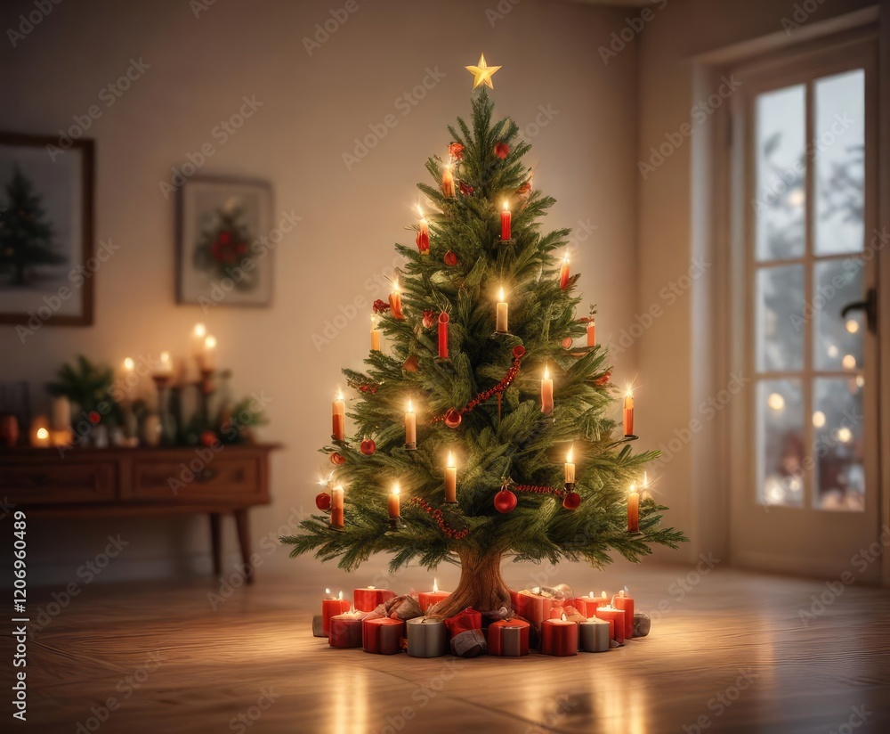 A festive holiday tree with candles lit on Christmas Eve , Luminous Branches, Christmas Eve Night A festive holiday tree with candles lit on Christmas Eve , Luminous Branches, Christmas Eve Night