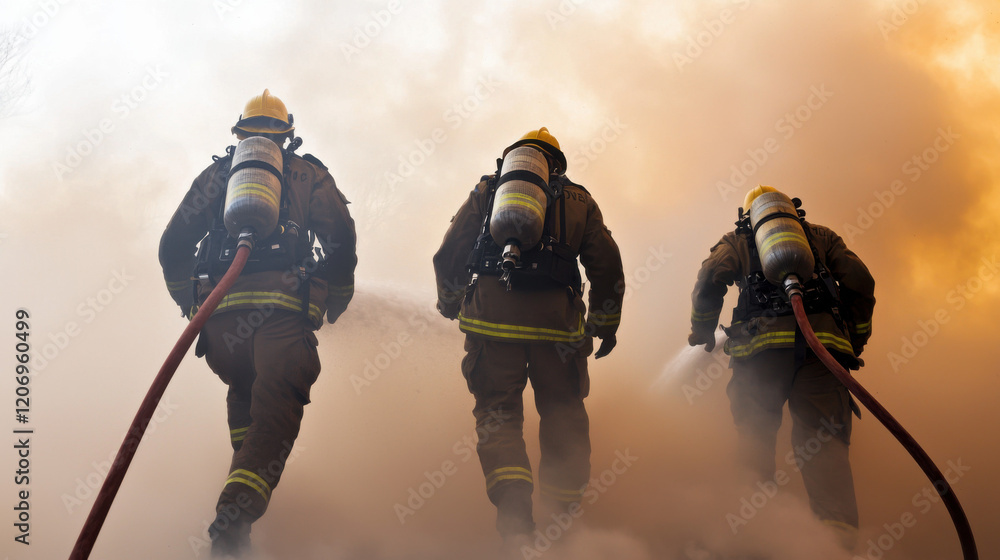 Fototapeta premium Firefighters bravely battle flames, equipped with protective gear and hoses, showcasing teamwork in a smoke-filled environment.
