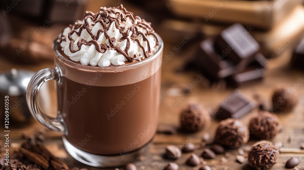 Rich hot chocolate topped with whipped cream and chocolate drizzle in a cozy setting with chocolate treats. Mocha Mousse trend color 2025 Rich hot chocolate topped with whipped cream and chocolate drizzle in a cozy setting with chocolate treats. Mocha Mousse trend color 2025