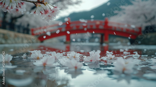 Jinhae Gunhangje Festival, rows of cherry blossom trees blooming along Yeojwacheon Stream, petals falling on the clear water, an iconic red bridge in the middle of the background, Ai generated images photo