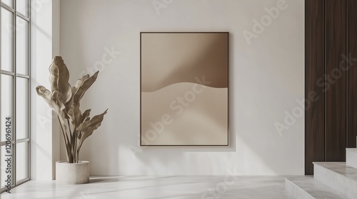 Modern minimalist interior featuring abstract art and natural decor in bright space with large windows. Mocha Mousse trend color 2025