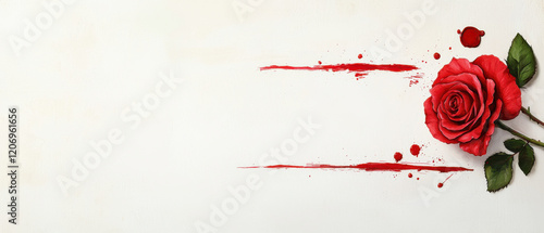 Fototapeta Naklejka Na Ścianę i Meble -  Red rose with paint splatters and streaks on white background, evoking passion