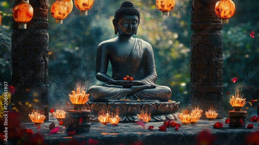 Serene Buddha Statue with Lanterns and Flowers Serene Buddha Statue with Lanterns and Flowers