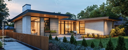 Raw modern exterior with spruce wood fence and pearl brick walls, stylish home image.