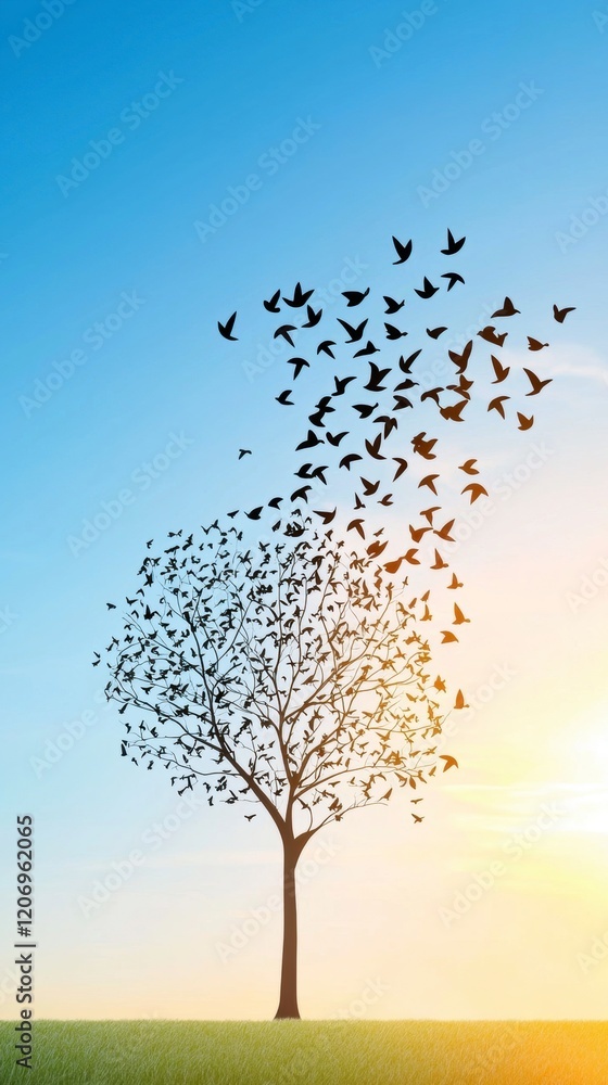 Fototapeta premium Birds Taking Flight from a Tree at Sunset