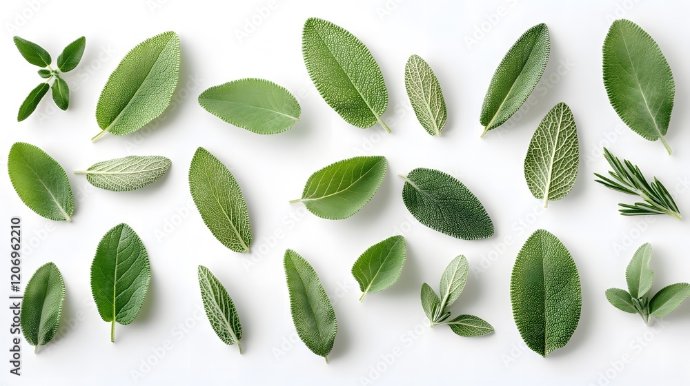 Fototapeta premium Green leaves arranged on a white background creating a natural and fresh aesthetic
