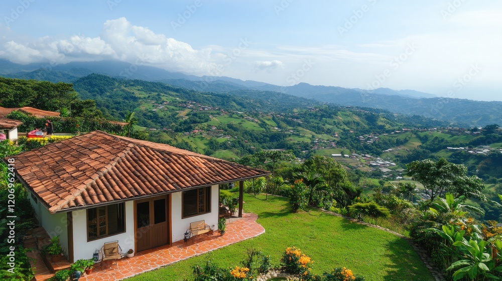 A small bungalow on a hilltop, offering panoramic views of the surrounding landscape A small bungalow on a hilltop, offering panoramic views of the surrounding landscape