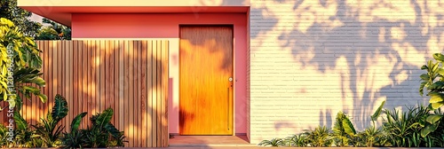 Ultra HD photo of modern architecture with koa wood fencing and pearl bricks. photo