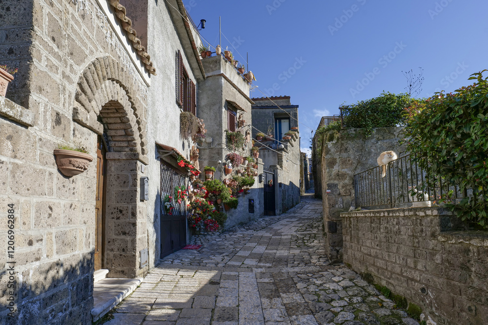 Obraz premium A narrow street between the houses of old Caserta, a medieval village in Italy.