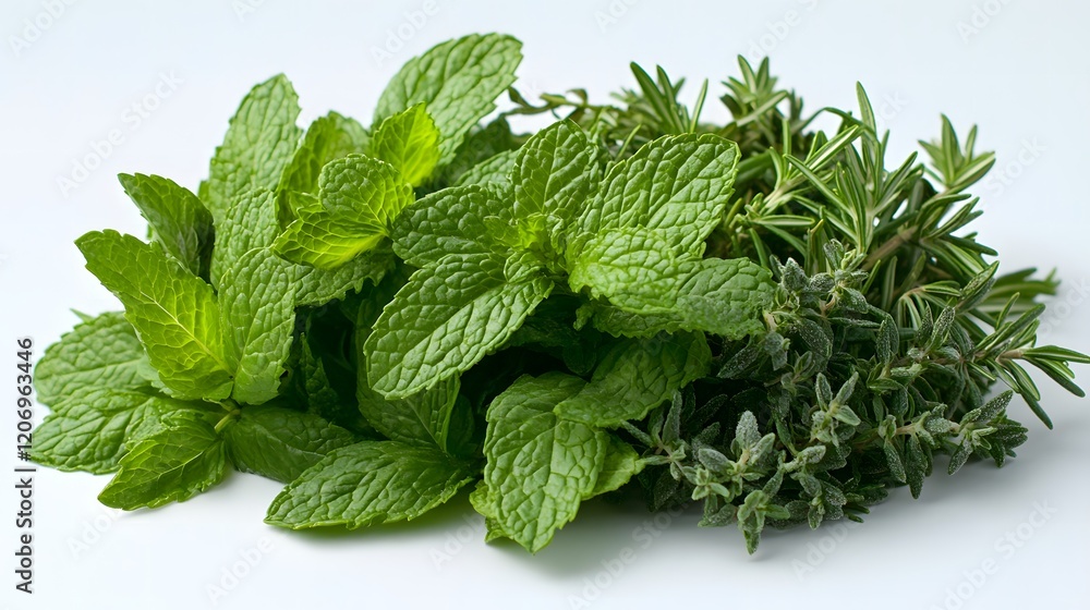 Bunch of fresh green mint leaves arranged on a white background for culinary use or herbal remedies
