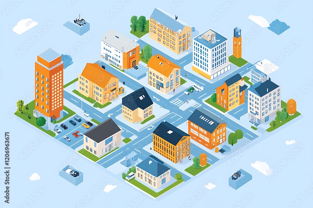 Fototapeta premium Isometric Cityscape Illustration with Vibrant Buildings