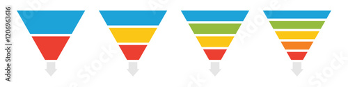 Sale marketing funnels set. Business pyramid template with steps. Funnel diagram steps template. Filter level icon. Infographic cone chart. Vector illustration isolated on white background.