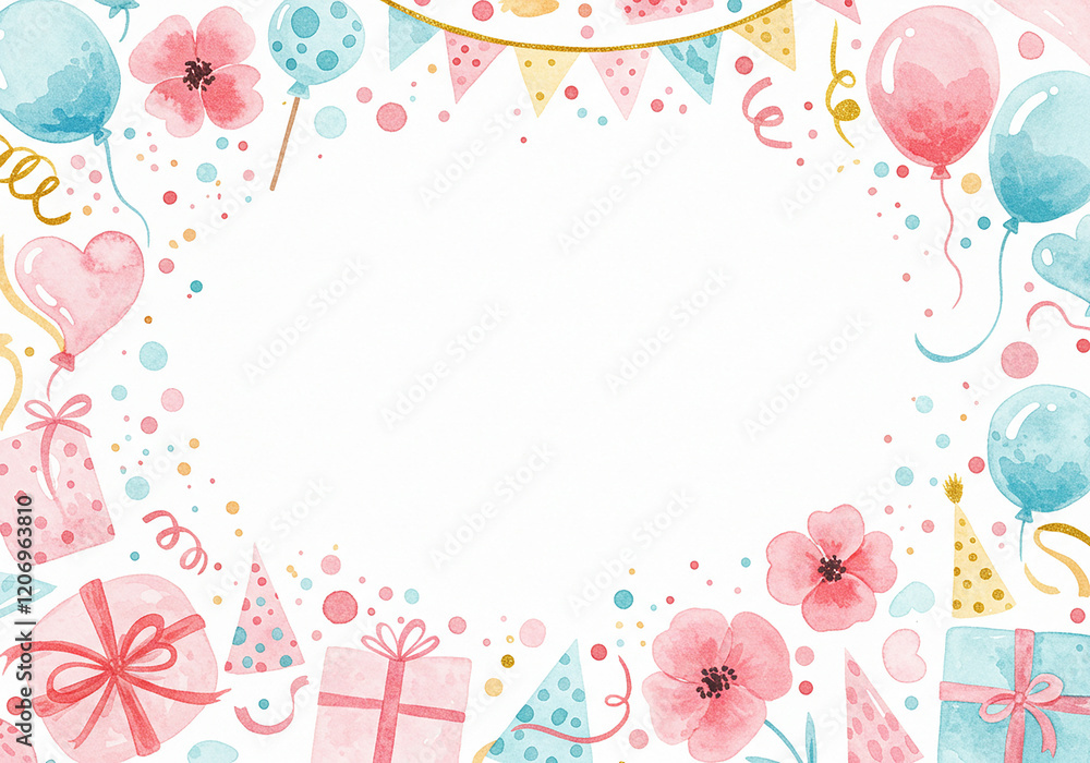 Watercolor Birthday Party Frame with Balloons Gifts and Confetti
