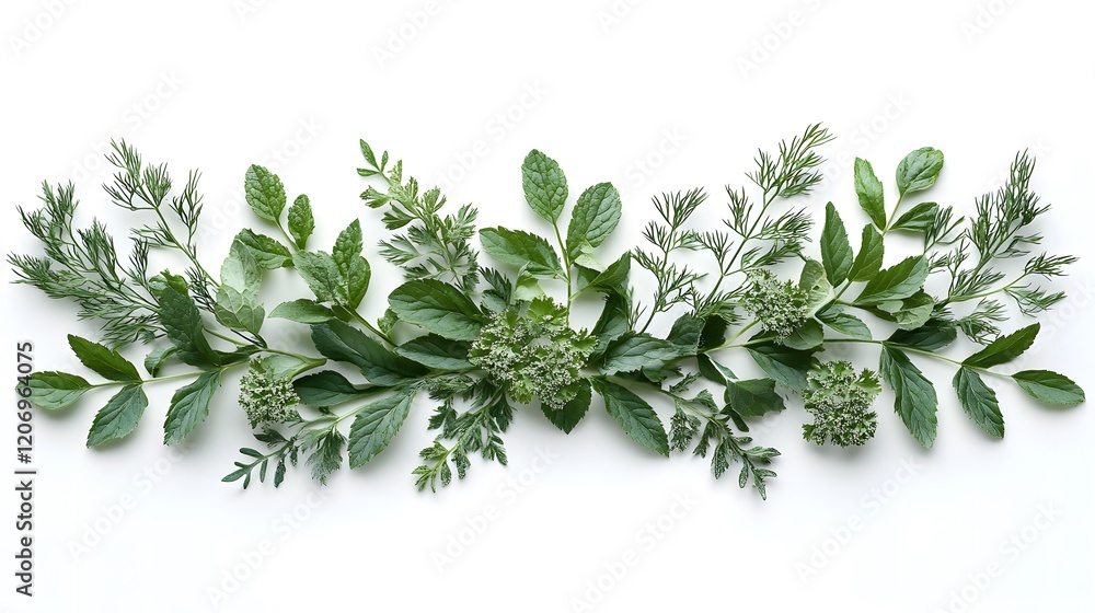 Obraz premium Freshly picked assortment of herbs arranged on a clean white background for culinary use or decoration