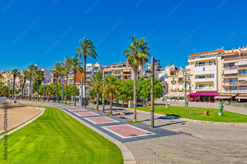 Naklejka premium Seafront of Sitges,a beautiful town near Barcelona.