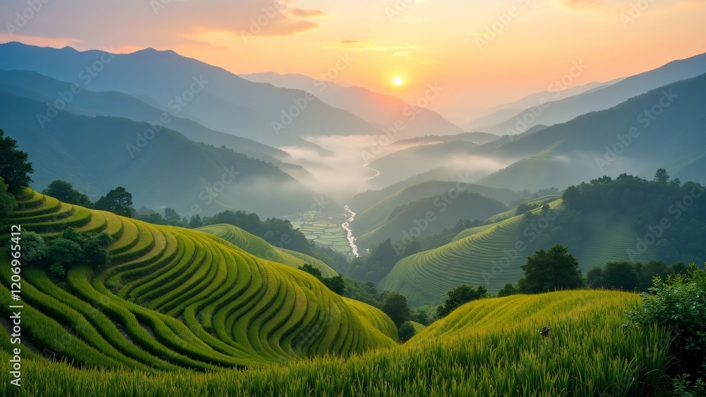 Fototapeta premium Terraced Rice Fields with a Scenic Sunrise