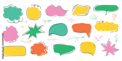 Cute speech bubble set in trendy doodle style. Handwritten Chat balloons for text, dialog icon, comic comments. Message in cloud frame, talk box. Isolated vector illustration on white background.