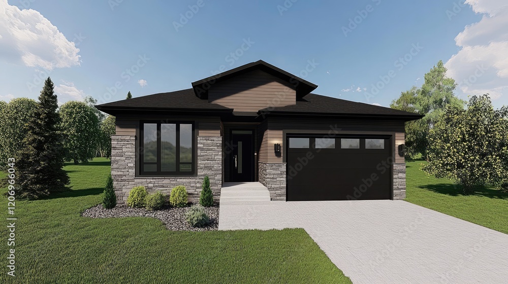 Obraz premium A small modern bungalow with a minimalist interior and open-concept living space