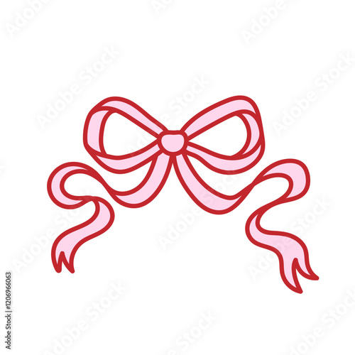 Coquette aesthetic pink bow of ribbon. Beautiful holiday decoration element, celebration gift decor. Cute y2k bowknot. Vector isolated clipart, girly doodle