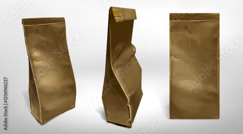 Paper coffee bag mockup set. Brown kraft material closed pouch with folded top for beans from different angles. Textured surface with logo placeholder for branding presentation and packaging design.