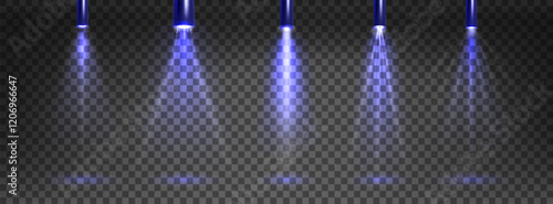 Spotlight beam with glitter collection - blue glow on transparent background. Different luminous rays and light intensity shapes. Cylindrical projector searchlight design or entertainment effects.
