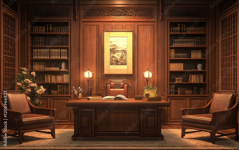 An ultra-realistic, high-definition interior design rendering of a cozy Chinese-style study room, featuring a wooden desk An ultra-realistic, high-definition interior design rendering of a cozy Chinese-style study room, featuring a wooden desk