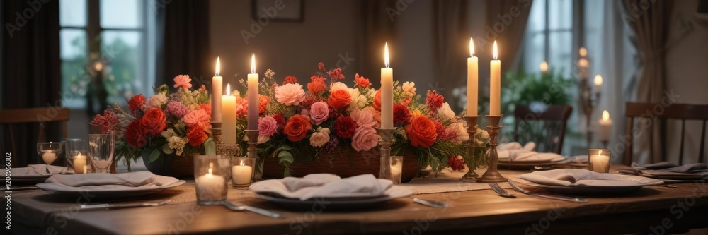 Obraz premium A beautifully decorated dinner table with flowers and candles, decor, Valentine's Day