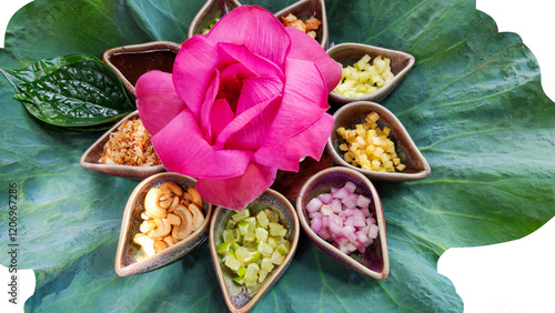 Miang Kham is an appetizer of Southern Thai people called Miang Kham, focusing on flowers.on white background