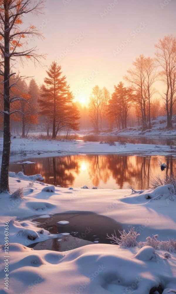 A beautiful winter scene with snow-covered trees and a frozen lake in the background, with a warm sunset glow , , snow covered trees A beautiful winter scene with snow-covered trees and a frozen lake in the background, with a warm sunset glow , , snow covered trees
