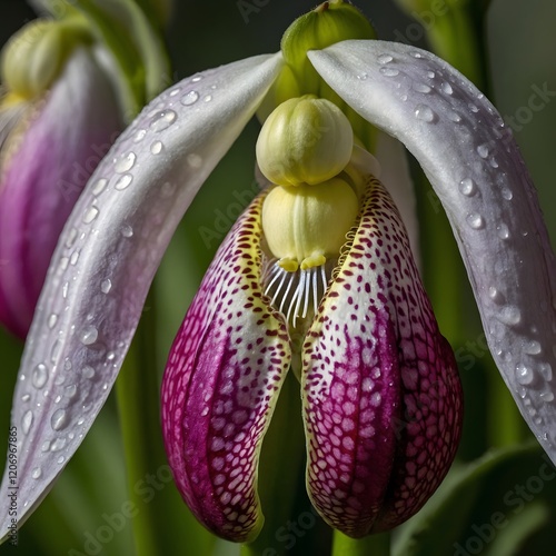 Close-Up of Showy Lady's Slipper Flower Highlighting Unique Shape and Texture photo