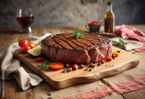 A big beef steak on a stone plate with a wooden tablecloth and a canvas wall behind , big beef steak, canvas wall, dinner photo